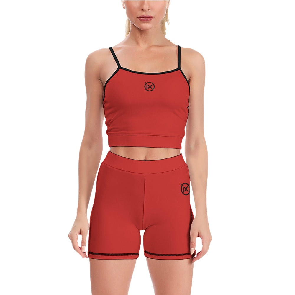 Women’s yoga two-piece set, fire red strappy crop top and matching high-waist shorts
