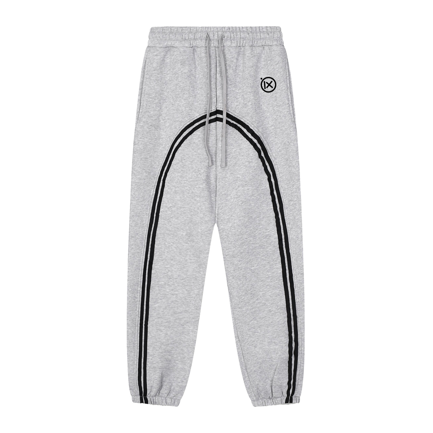 Heather gray joggers with black side stripe, elastic waistband, and drawstring cuffs