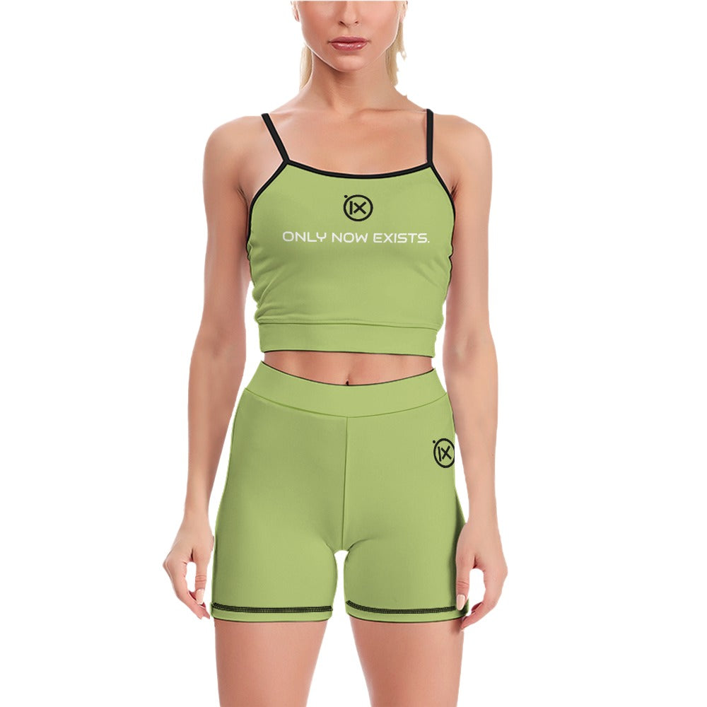 Women's two-piece yoga set, green sports bra and matching shorts with black trim