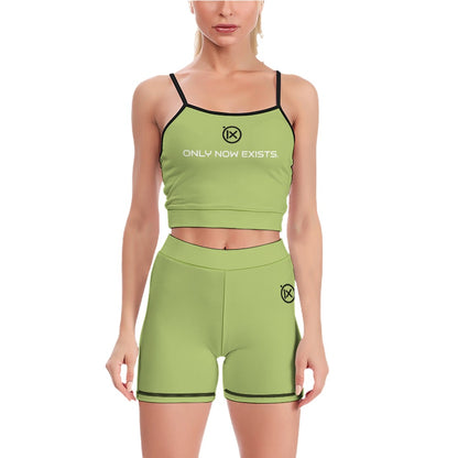 Women's two-piece yoga set, green sports bra and matching shorts with black trim