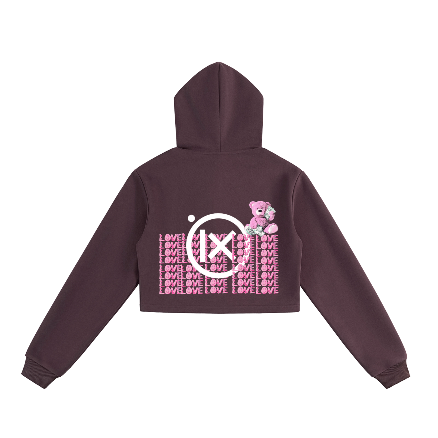 Cropped zip-up hoodie, dark purple, hooded back with bear graphic and LOVE pattern