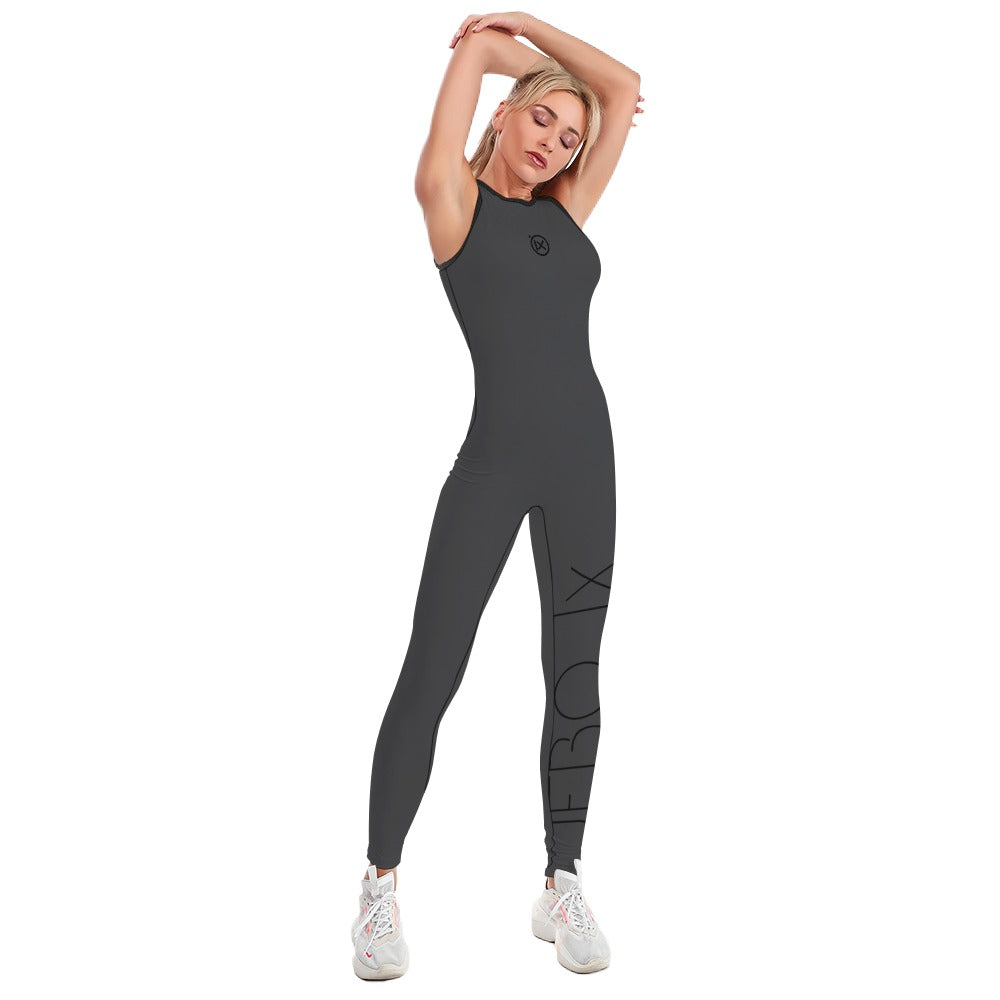 Womens one-piece yoga suit, dark gray with black trim, sleeveless side leg graphic panel