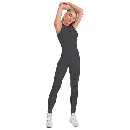 Womens one-piece yoga suit, dark gray with black trim, sleeveless side leg graphic panel