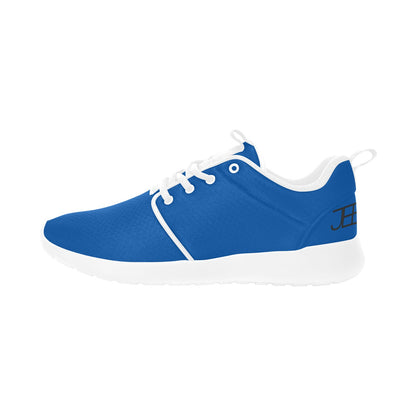 Men's running shoes, blue with white laces and trim, cushioned sole
