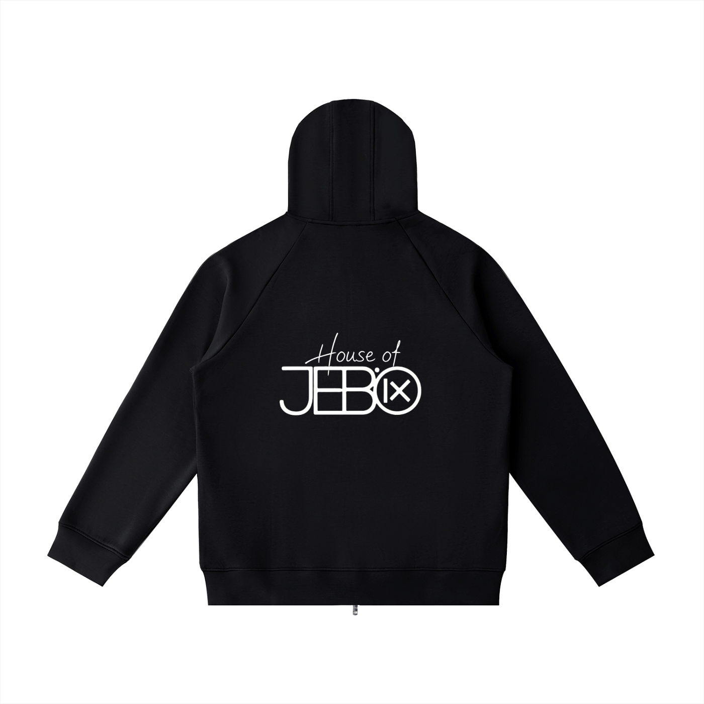Raglan zip hoodie in black, with hood and back logo graphic