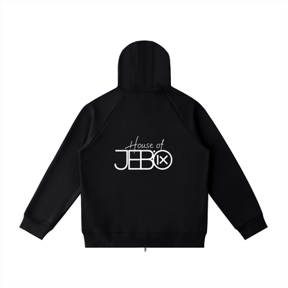 Raglan zip hoodie in black, with hood and back logo graphic