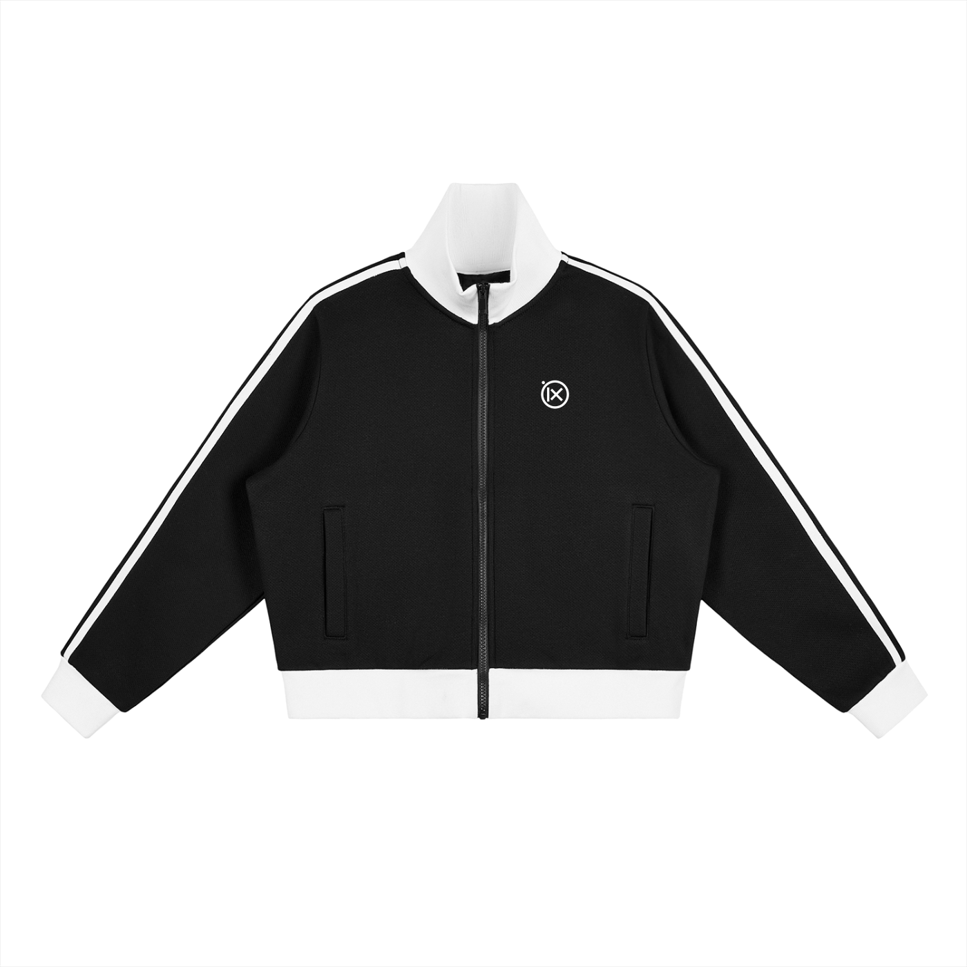 Black cropped track jacket front with full zip, contrast side stripes, side pockets