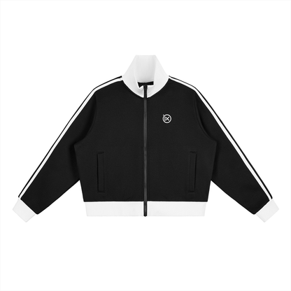 Black cropped track jacket front with full zip, contrast side stripes, side pockets