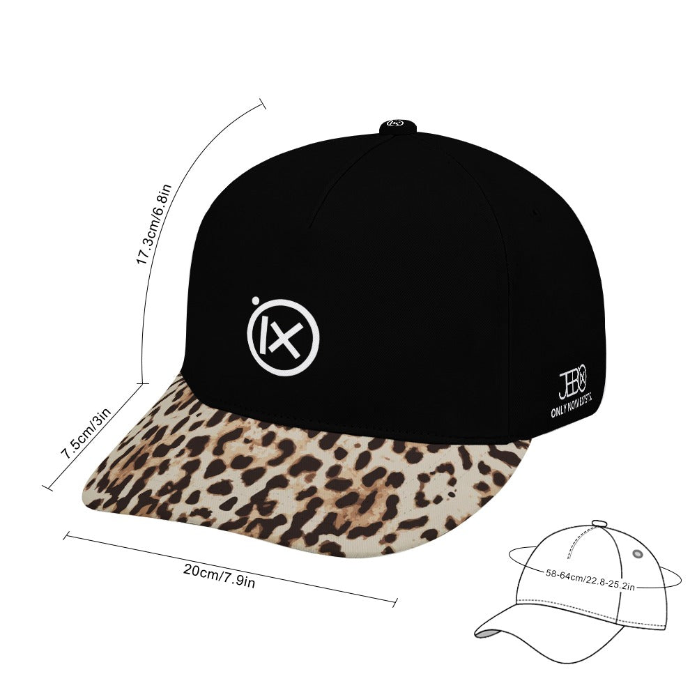 Black baseball cap with leopard-print brim; Ix front emblem; size diagram on image