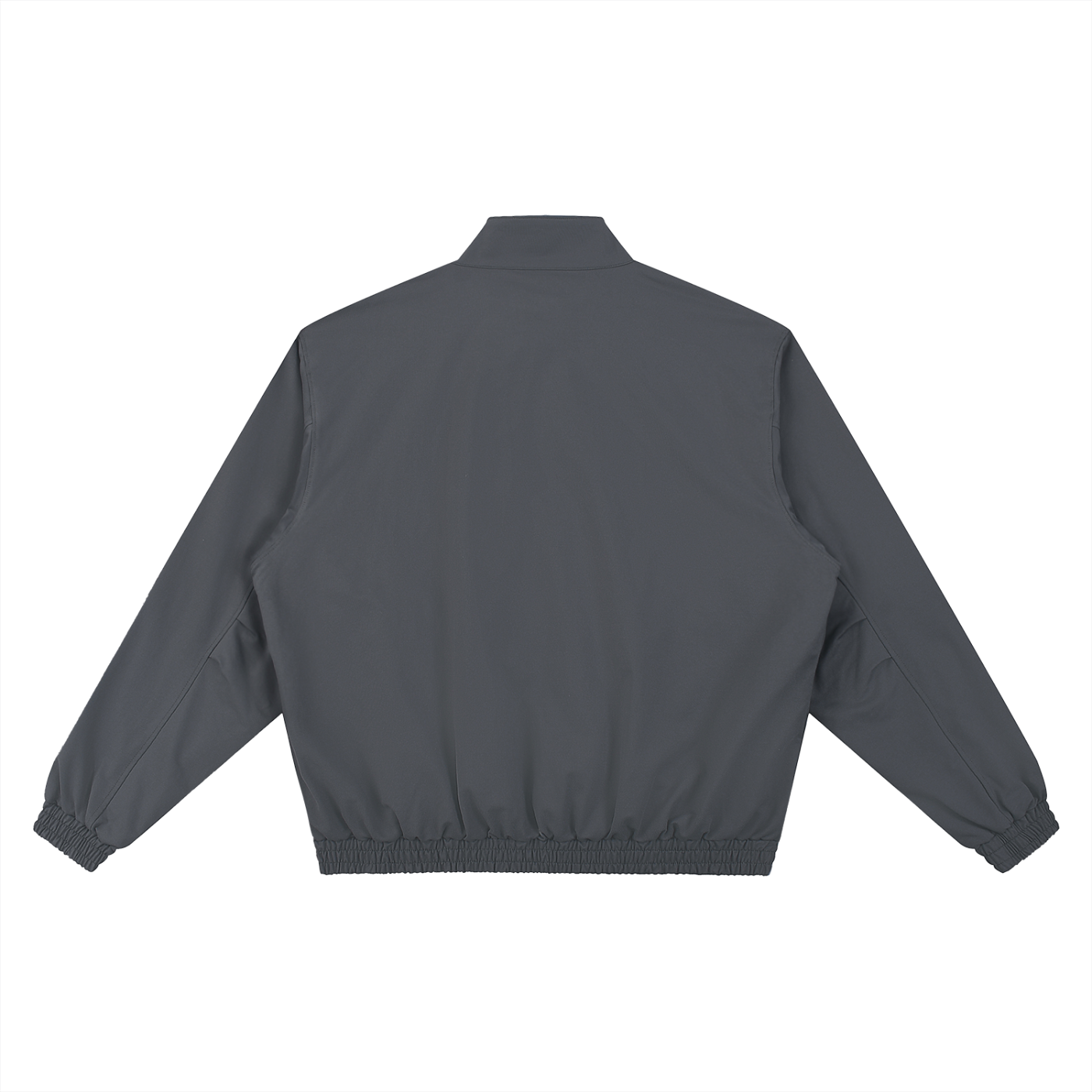 Dark gray stand-collar bomber jacket, back view with ribbed cuffs and elastic hem.