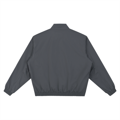 Dark gray stand-collar bomber jacket, back view with ribbed cuffs and elastic hem.