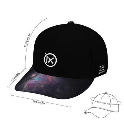 Black baseball cap with iX logo and galaxy-pattern brim, product diagram view