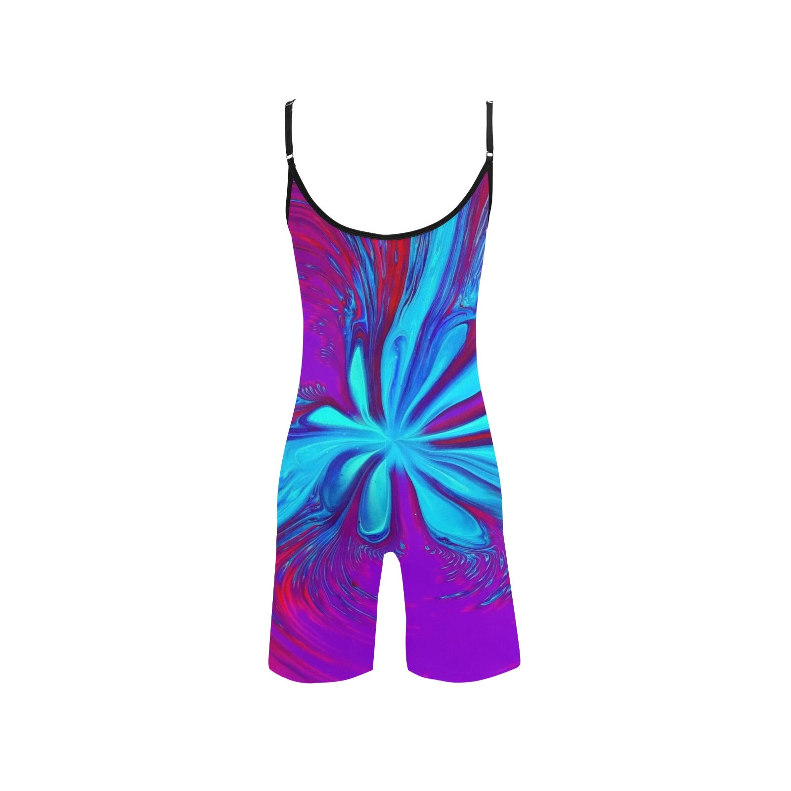 Multicolor marbled short yoga bodysuit with spaghetti straps and black-trim scoop neckline