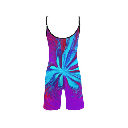 Multicolor marbled short yoga bodysuit with spaghetti straps and black-trim scoop neckline