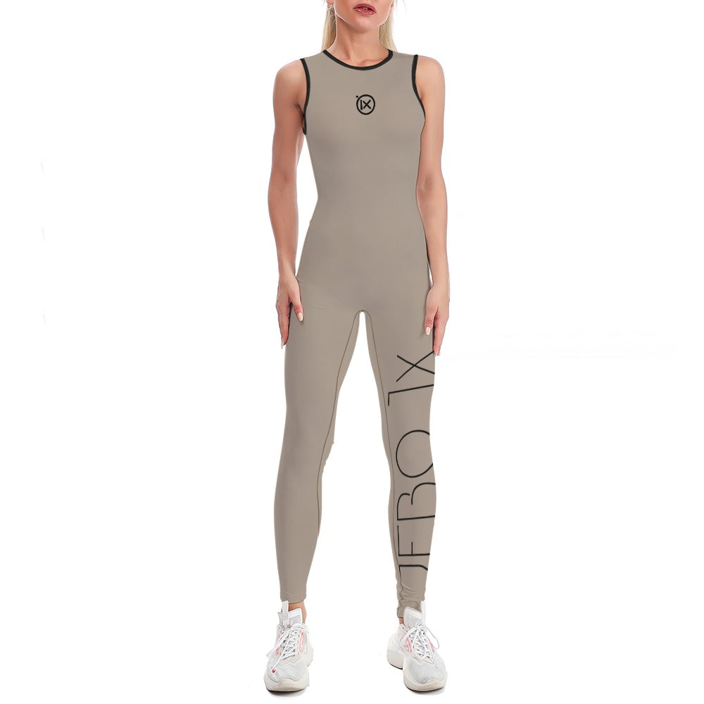 Women’s one-piece yoga suit, tan with black-trim neckline and side leg print