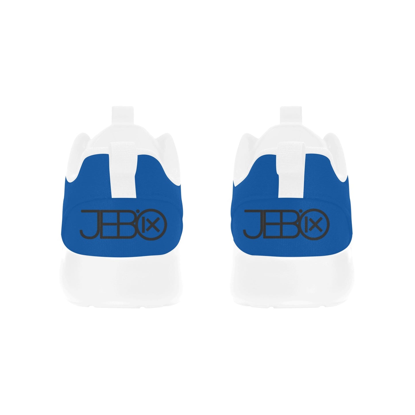 Men's running shoes, blue back view, logo detail and cushioned sole