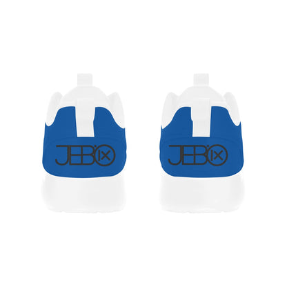 Men's running shoes, blue back view, logo detail and cushioned sole