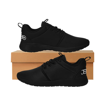 Mens core runner shoes, black on box with lace-up front and JEBIX logo detail