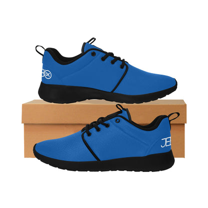 Blue lace-up running shoes with black trim, shown on a box