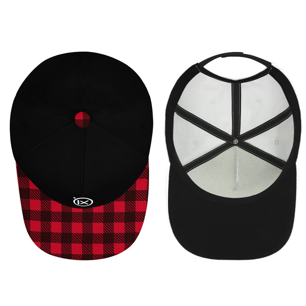 Black baseball cap with red plaid brim and small red check at crown center, Ix logo front.