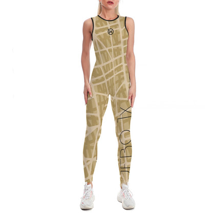 Wheat sleeveless one-piece yoga suit with grid pattern and side leg graphic