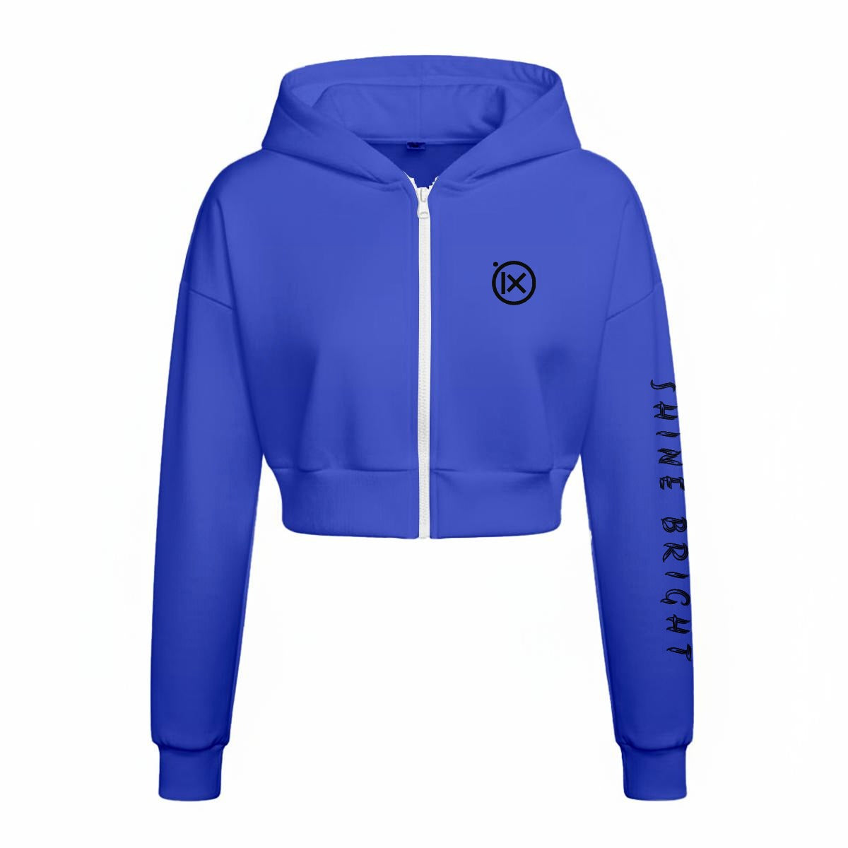 Women’s fleece zip hoodie jacket, blue with white zipper and small logo patch on chest.