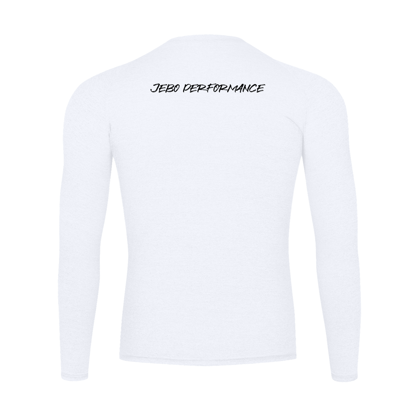 White long-sleeve compression shirt shown from the back, featuring the text 'JEBO PERFORMANCE' printed in black across the upper back.
