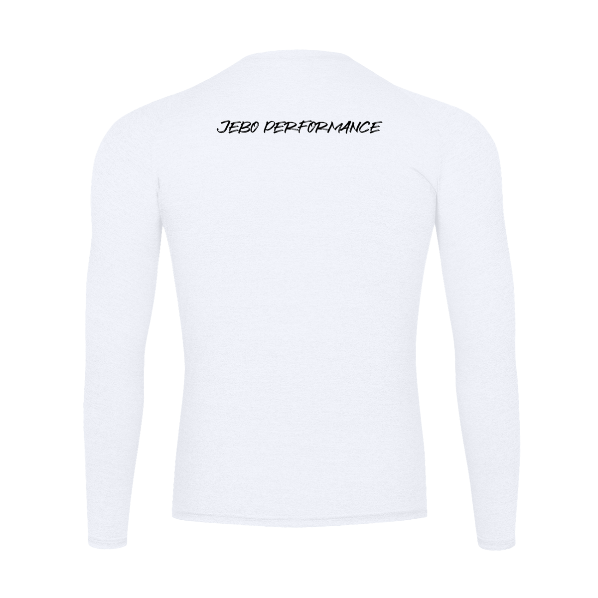 White long-sleeve compression shirt shown from the back, featuring the text 'JEBO PERFORMANCE' printed in black across the upper back.