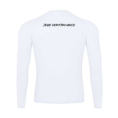 White long-sleeve compression shirt shown from the back, featuring the text 'JEBO PERFORMANCE' printed in black across the upper back.