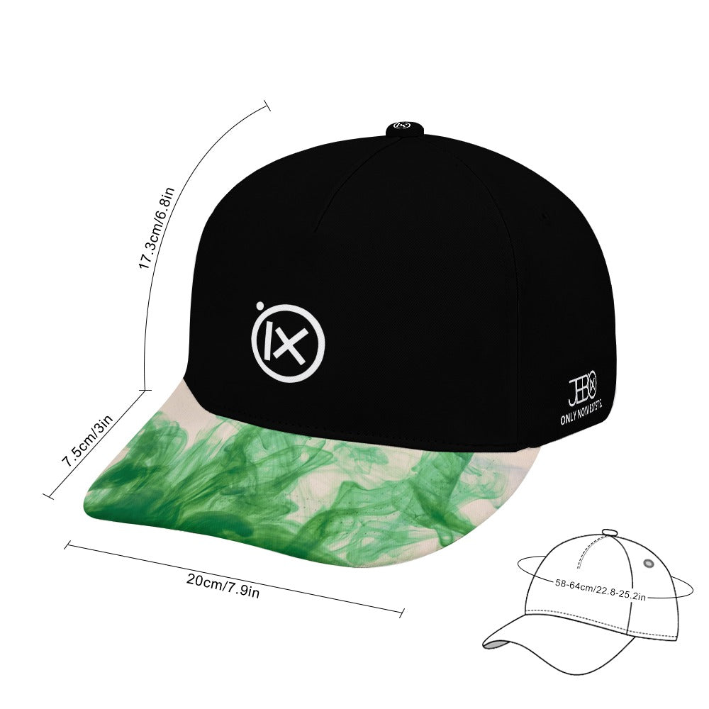 Black baseball cap with green camo brim, Ix logo; size diagram and cap views