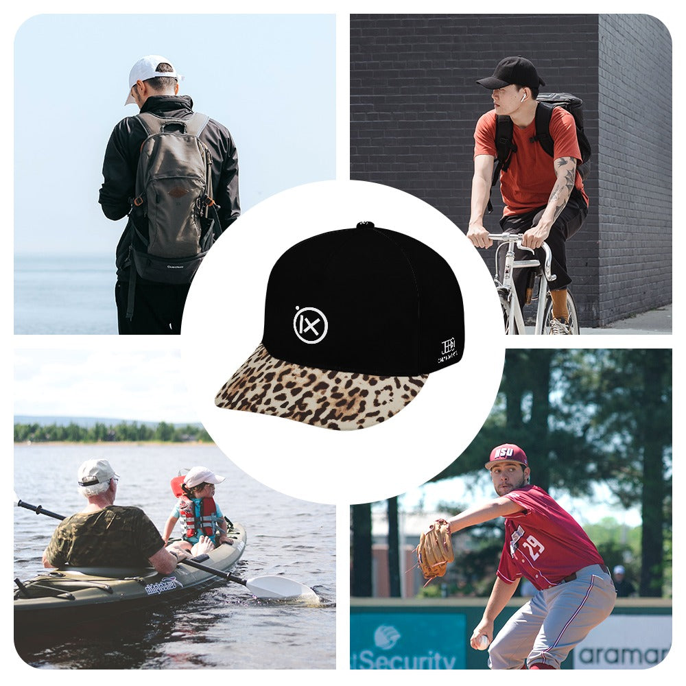 Black baseball cap with leopard-print brim and white Ix emblem, worn outdoors