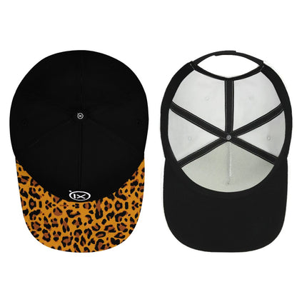 Baseball caps shown: black crown with leopard-print brim and a white/black panel cap.
