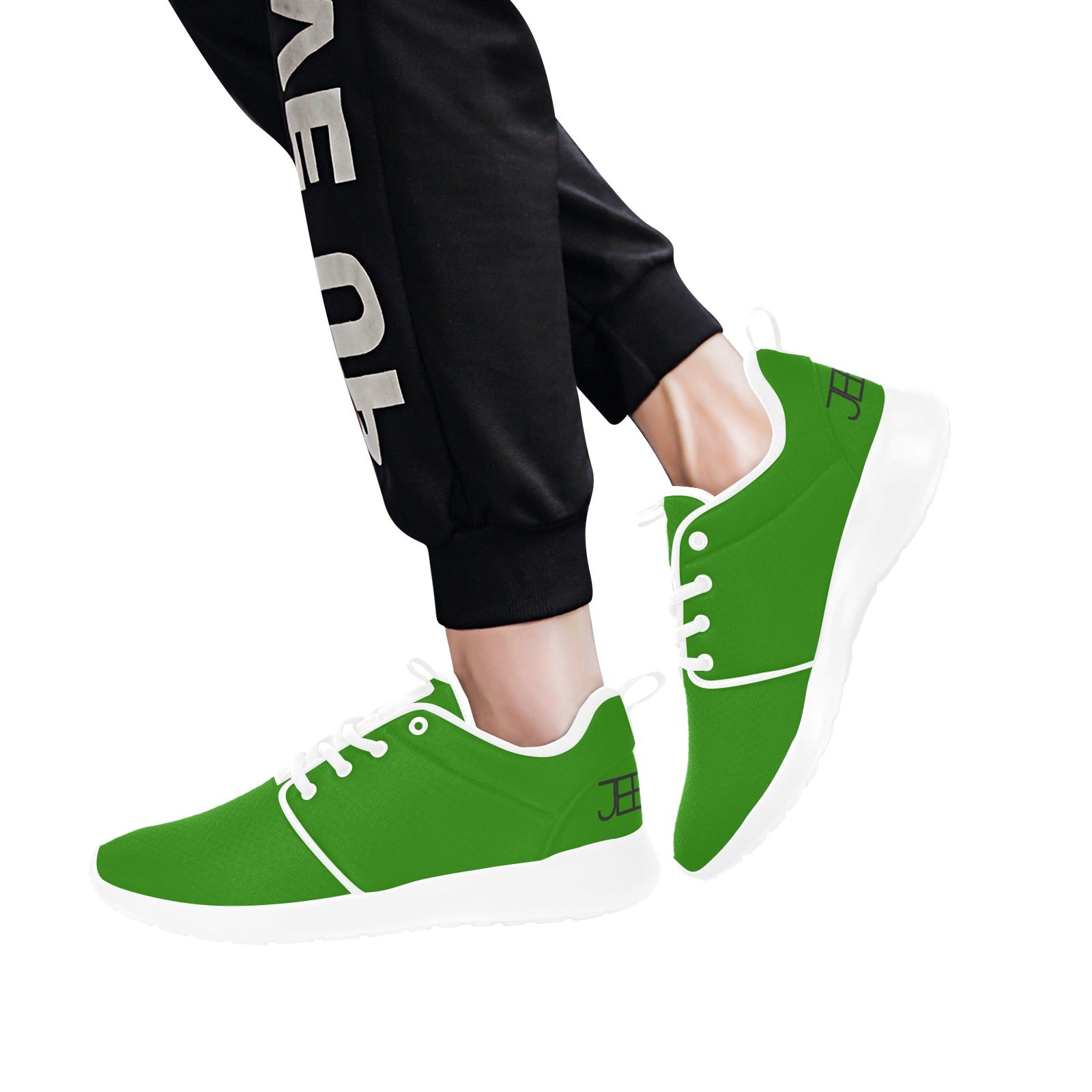 Men's running shoes, green knit upper with white laces and cushioned white sole