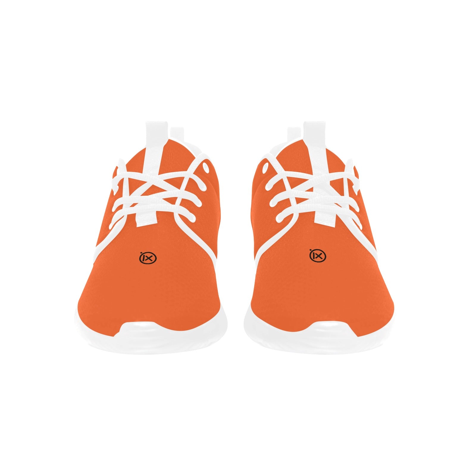 Men's running shoes, orange upper with white laces, front view