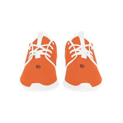 Men's running shoes, orange upper with white laces, front view