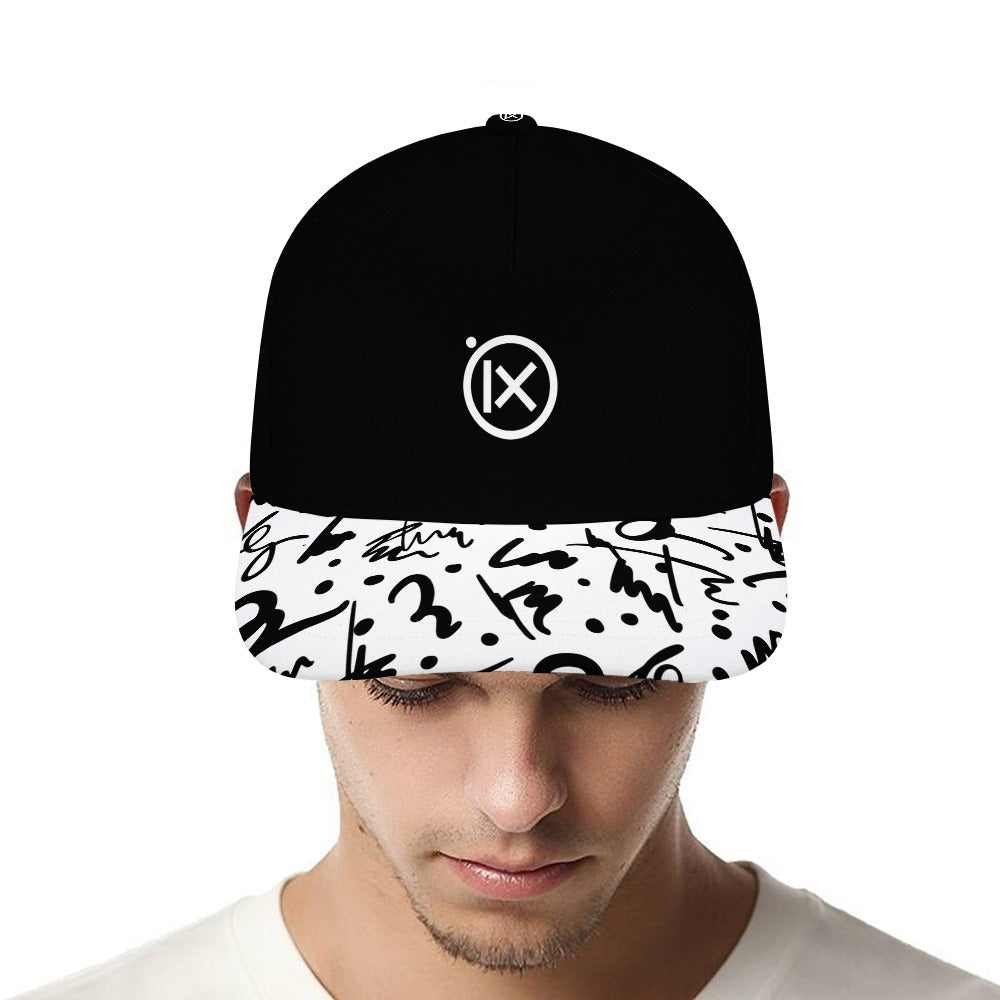 Baseball cap with black crown and white graphic brim with black marks, iX logo front.