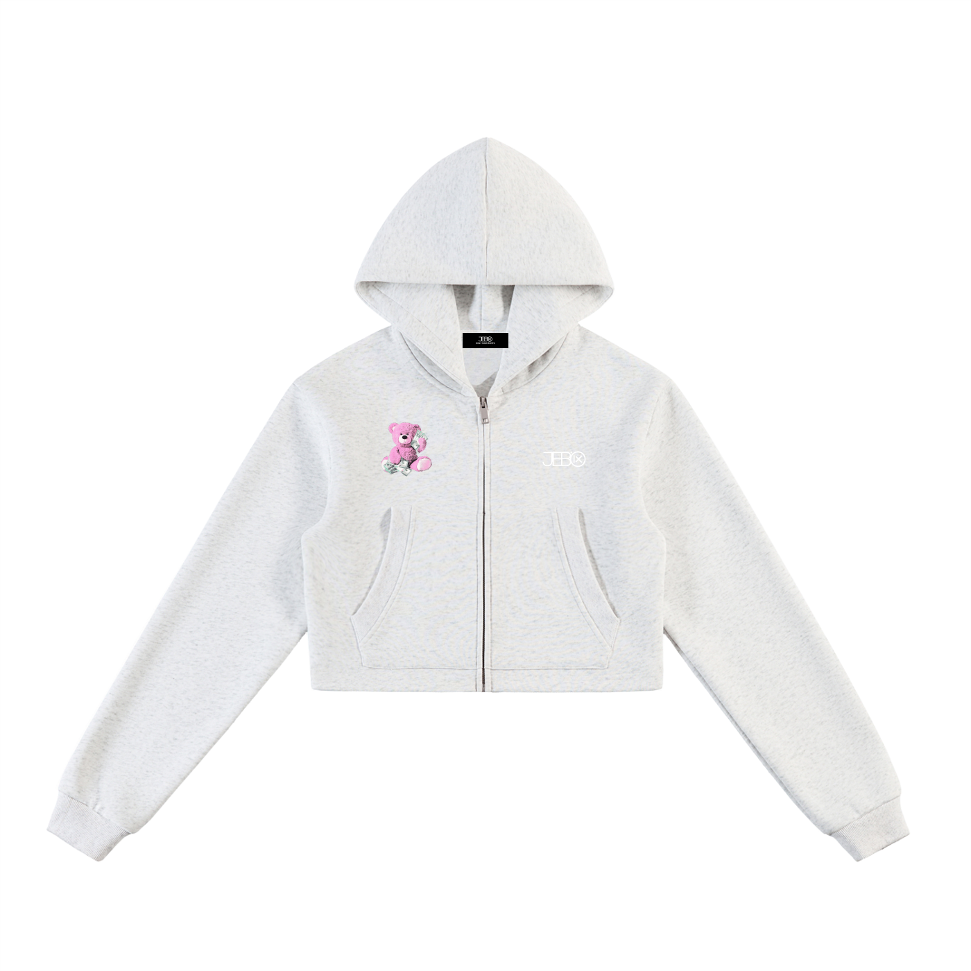 Cropped zip-up hoodie, light gray, hooded with front zipper and kangaroo pockets
