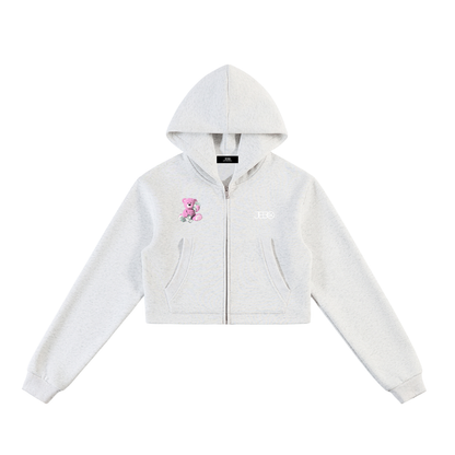 Cropped zip-up hoodie, light gray, hooded with front zipper and kangaroo pockets