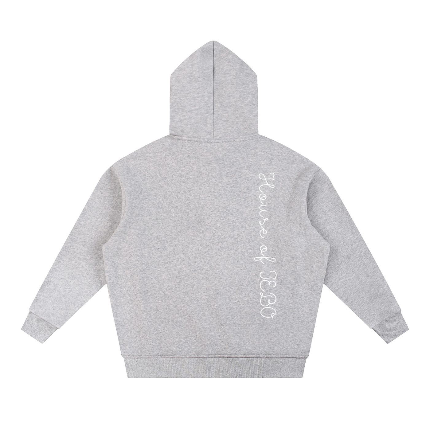 Light gray contrast hoodie with vertical script on back, drawstring hood, kangaroo pocket