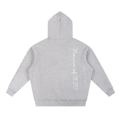Light gray contrast hoodie with vertical script on back, drawstring hood, kangaroo pocket
