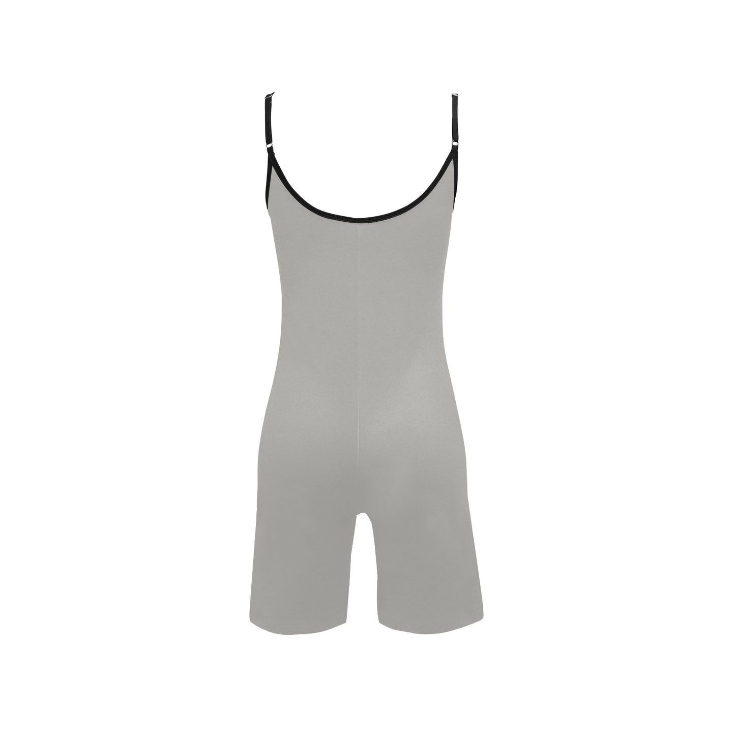 Steel gray short yoga bodysuit back view, scoop neck spaghetti straps, black contrast trim