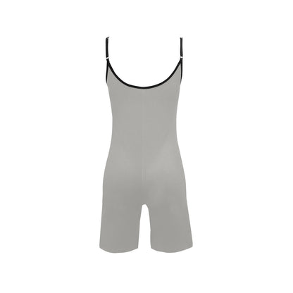 Steel gray short yoga bodysuit back view, scoop neck spaghetti straps, black contrast trim
