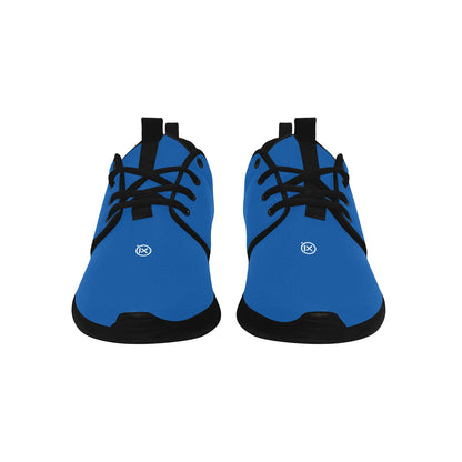 Blue lace-up running shoes with black laces and thick outsole