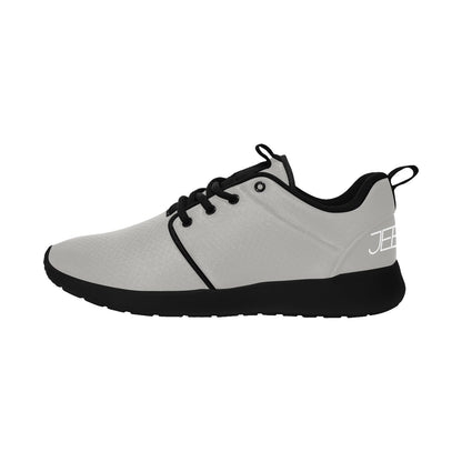 Mens performance running shoes, light gray with black trim, lace-up, rubber sole