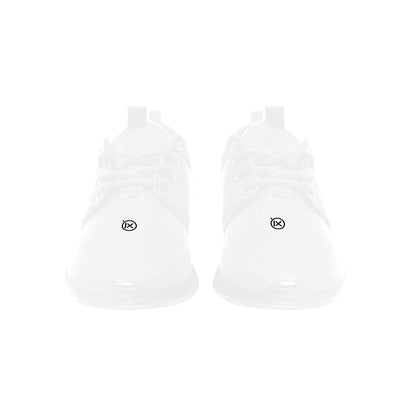 Men's core runner sneakers, white front view with lace eyelets and rubber toe guard