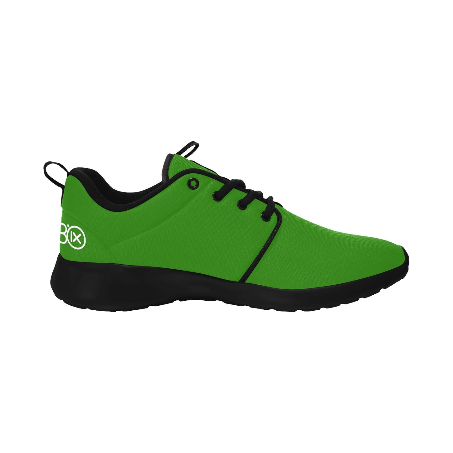 Mens performance running shoes, green with black panels, lace-up, cushioned sole