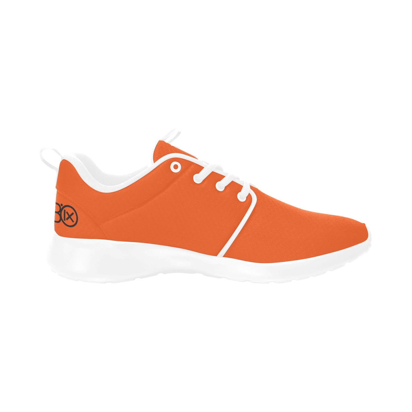 Men's running shoes, orange mesh upper with white laces and white cushioned sole