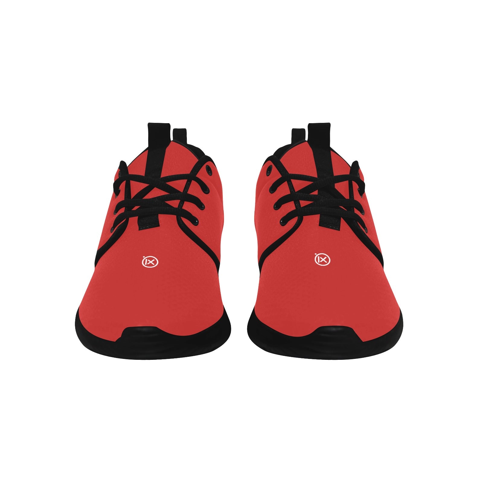 Mens core runner shoes, red front view with black laces, IX badge, and low sole