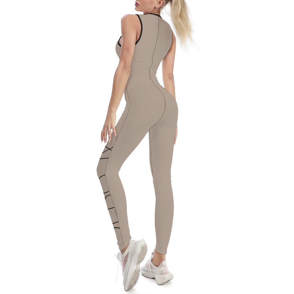 Women’s one-piece yoga suit, beige with black-trim racerback and side geometric print
