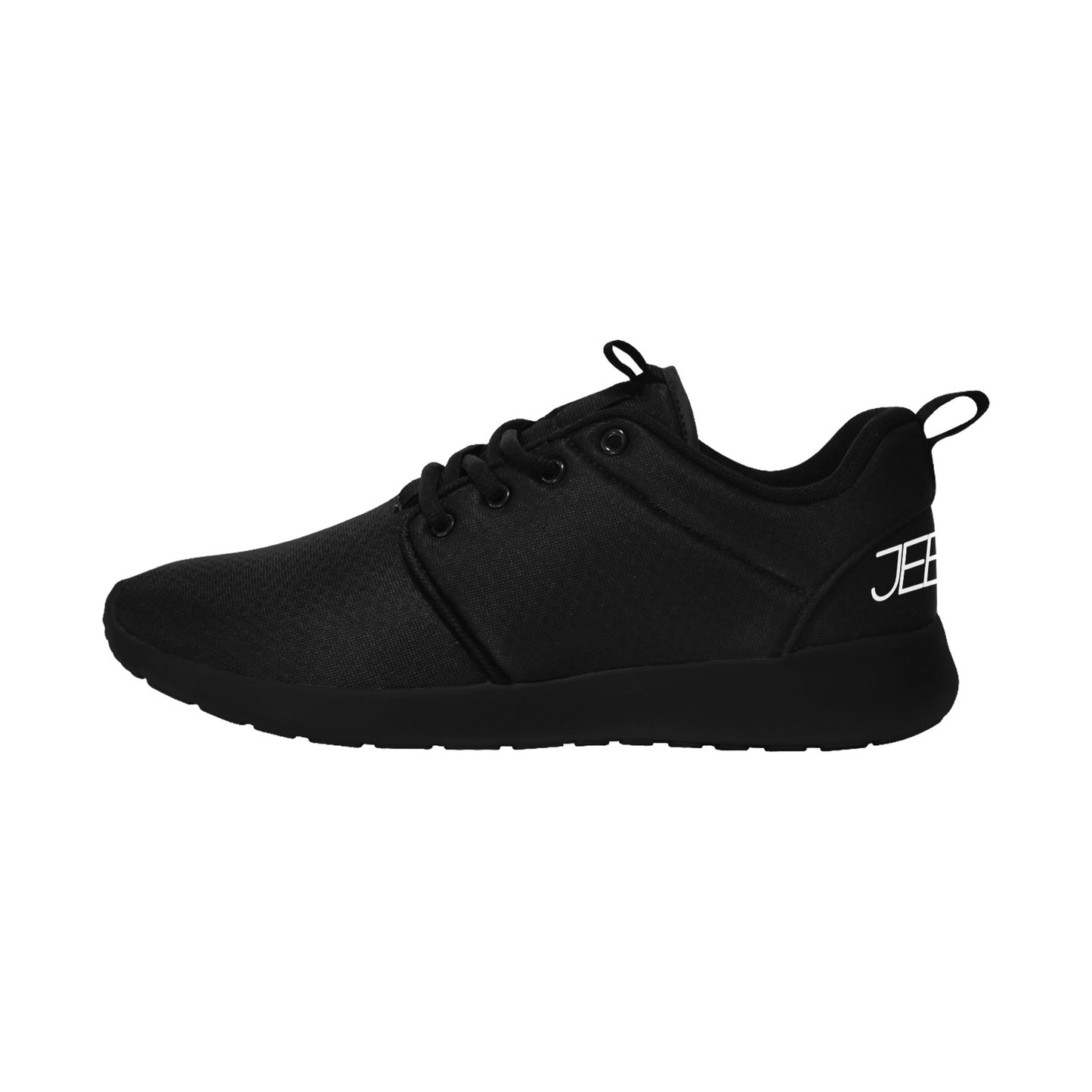 Mens core runner shoes, black side view with lace-up front and JEBIX logo on side